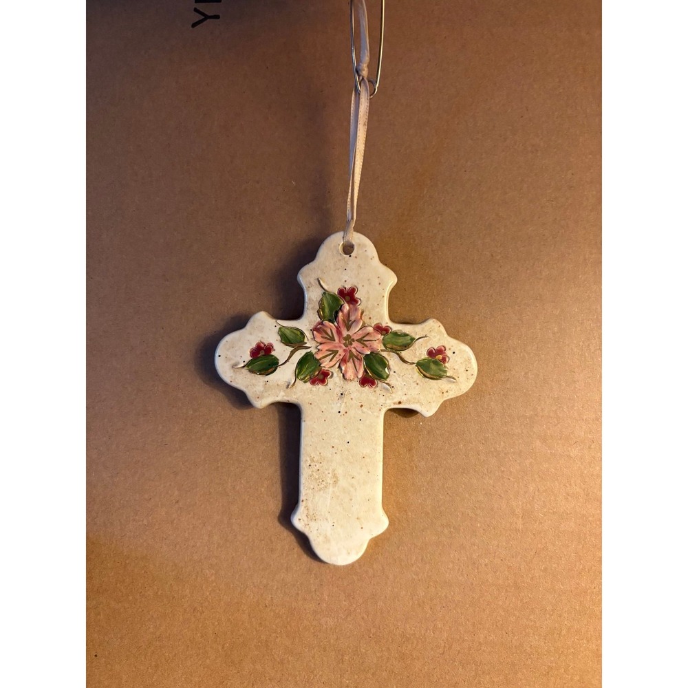 Handmade Ceramic Cross with Pink Flowers Wall Decor